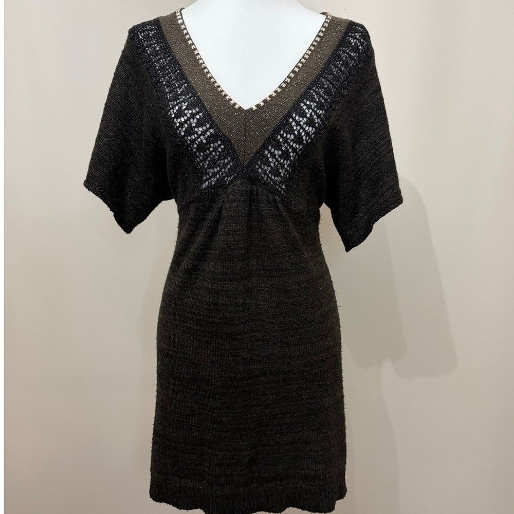 Dark Brown Knit Sweater Dress V-Neck Sparkly‎ Studded Tunic -Medium